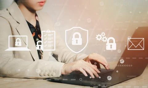 Cyber security technology. Data protection concept. Businesswoman using laptop Stock-Fotos