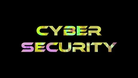 Cyber Security text on black background. Multicolored glossy technological .. Stock Illustration