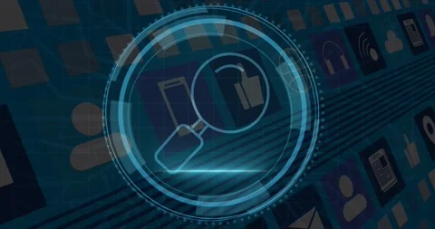 Cyber security text over round scanner against digital icons in seamless pattern Stock Footage 201402812