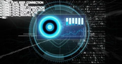 Cyber security text over round scanner and interface with data processing on 스톡 일러스트