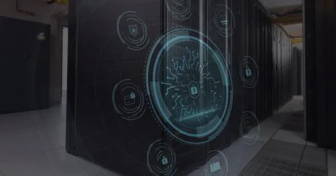 Cyber security text over round scanner against empty computer server room Foto stock