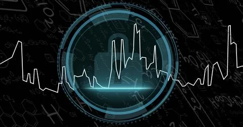 Cyber Security text shrinking, HUD forming, lock emerging, waveform pulsing, Stock Photos