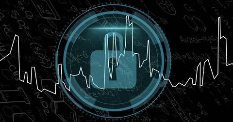 Cyber Security text shrinking, HUD forming, lock emerging, waveform pulsing, Stock Photos