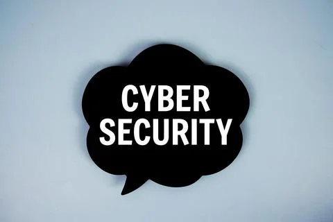 Cyber Security text with speech bubble top view on blue background Foto stock