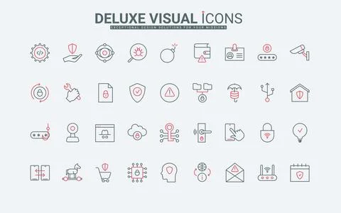 Cyber security thin black and red line icons set, protection and data safety Stock Illustration