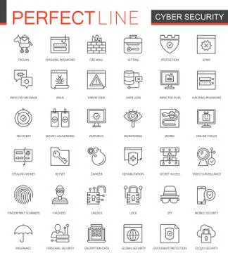 Cyber security thin line web icons set. Network safety outline stroke icons Stock Illustration