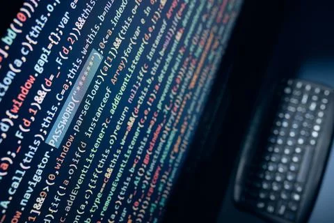 Cyber security threat. Computer screen with programming code. Internet and .. Stock Photos