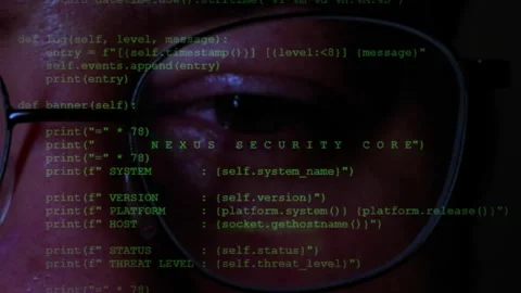 Cyber Security Threat Engine Code Reflection On Glasses Screen Stock Footage 343020976