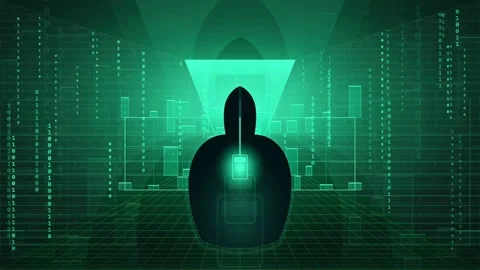Cyber Security Threat with Hooded Hacker and Digital Binary Code Rain 動画素材 341456558