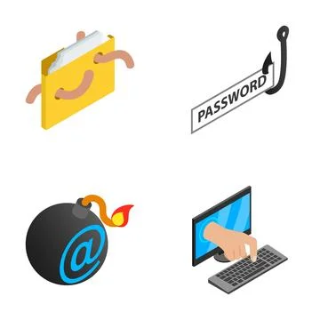 Cyber security threats and hacking isometric icons イラスト素材