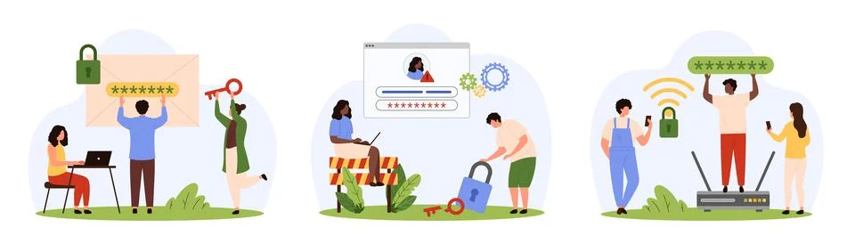 Cyber security by tiny people, digital data and connection protection with Illustrazione stock