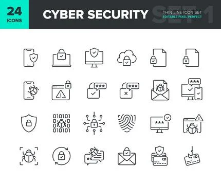 Cyber security vector line icon set Stock Illustration