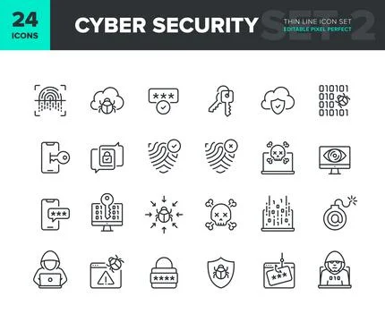 Cyber security vector line icon set Stock Illustration