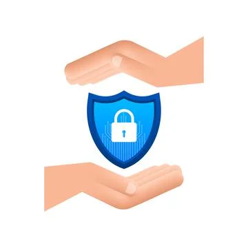 Cyber security vector logo with shield and check mark. Hands holding cyber Stock Illustration