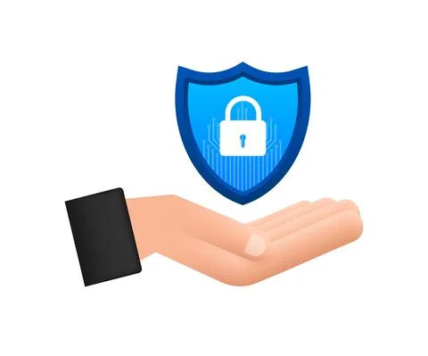 Cyber security vector logo with shield and check mark. Hands holding cyber Stock Illustration