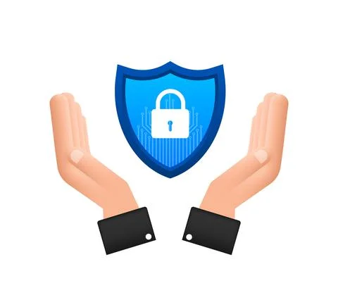 Cyber security vector logo with shield and check mark. Hands holding cyber Stock Illustration