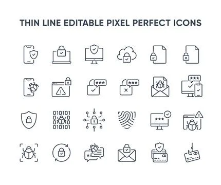 Cyber security vector thin line icons Stock Illustration