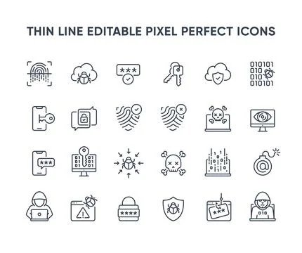 Cyber security vector thin line icons Stock Illustration