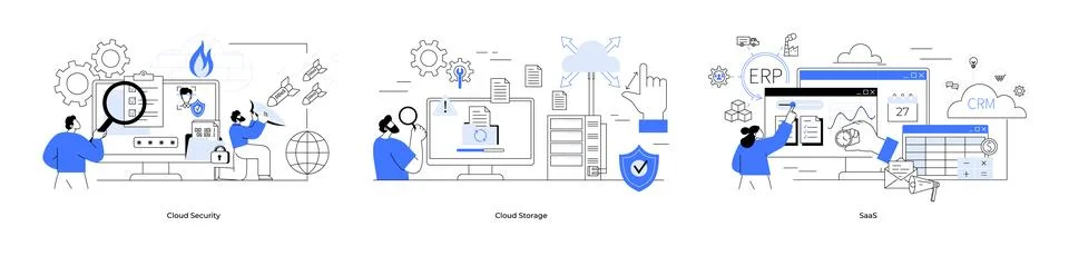 Cyber Security, Virtual Storage, and ERP Systems in Modern Digital Interactio Stock Illustration