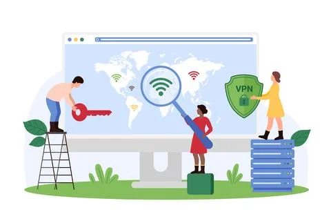 Cyber security of VPN services, tiny people study location of proxy server on Illustrazione stock