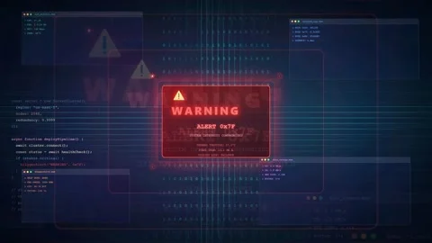 Cyber Security Warning Alert on Futuristic Computer Code Interface Stockbeeldmateriaal 341068456