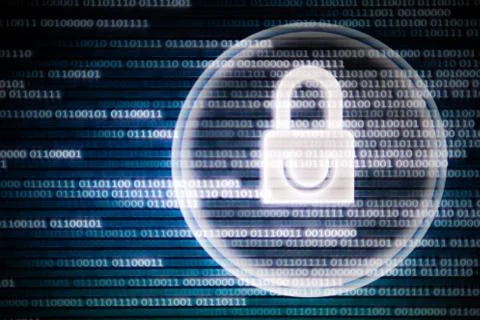 Cyber security. white light padlock icon on led computer screen monitor displ 写真素材