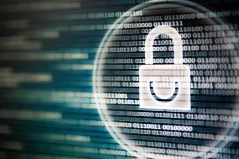 Cyber security. white light padlock icon on led computer screen monitor displ 写真素材