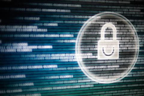 Cyber security. white light padlock icon on led computer screen monitor displ Stock Photos