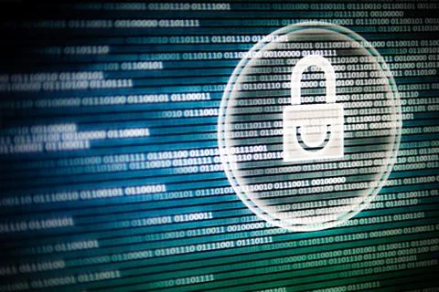 Cyber security. white light padlock icon on led computer screen monitor displ Stock Photos