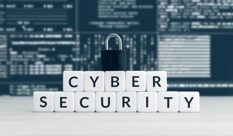 Cyber security words on blocks, closed padlock and computer data screen at... 스톡 사진