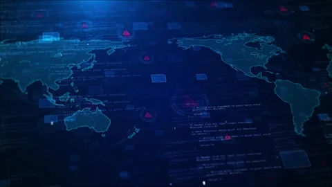 Cyber security world alert digital map, warning icons, code overlays, blue threa Stock Footage 340456295