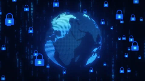 Cyber security worldwide network concept, blue planet in the net of padlocks Stock Footage 278336605
