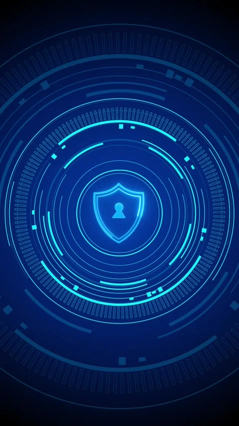 Cyber shield circular interface background blue HUD rings, lock symbol, secure d Stock Footage 340412079
