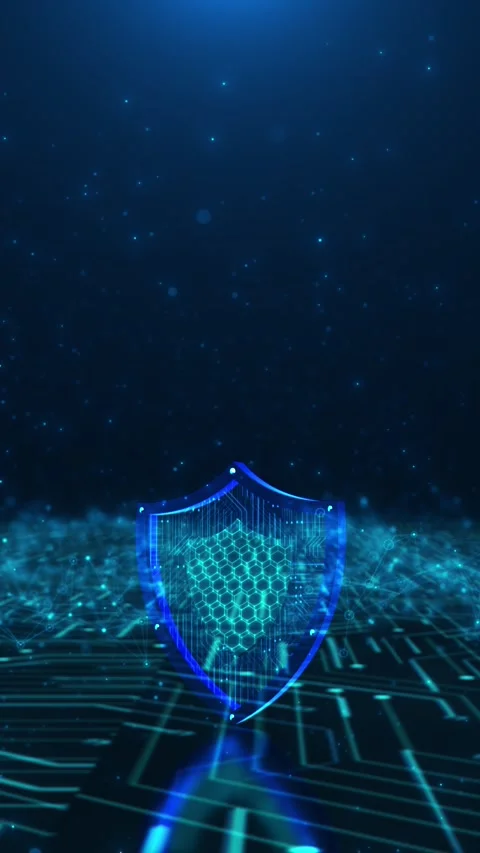 Cyber shield protection glowing blue emblem, honey grid texture, circuit floor, Stock Footage 340528101