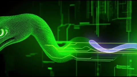 Cyber Snake Slithering Through Digital Green City Background Stock Footage 292139234