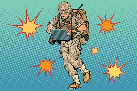 Cyber soldier with a computer Stock Illustration