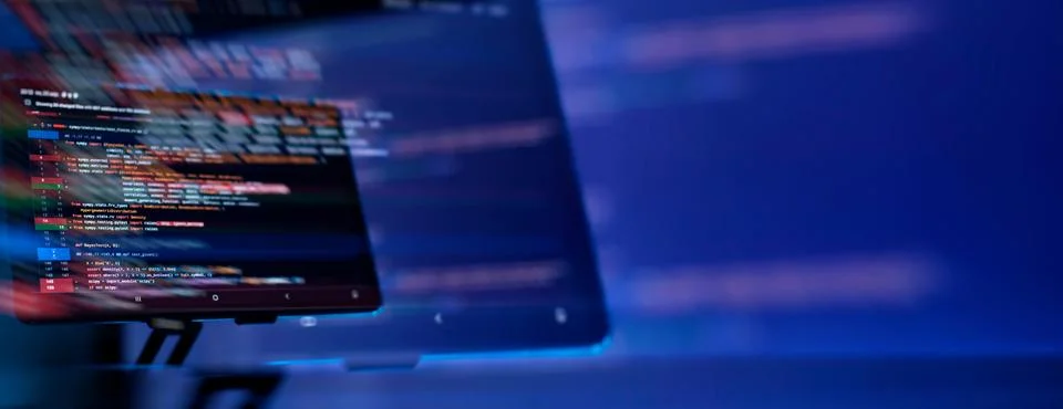 Cyber space concept. programming code on computer screen , abstract screen .. Photos