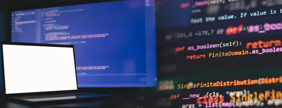 Cyber space concept. programming code on computer screen , abstract screen .. Photos