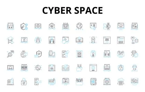 Cyber space linear icons set. Digital, Virtual, Online, Internet, Technology 스톡 일러스트