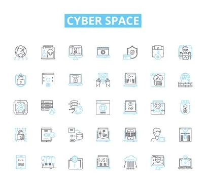Cyber space linear icons set. Digital, Virtual, Online, Internet, Technology Stock Illustration