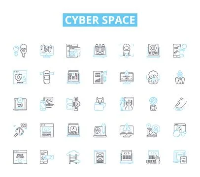 Cyber space linear icons set. Digital, Virtual, Online, Internet, Technology Stock Illustration