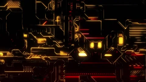 Cyber Tech Digital Background - Front View zoom out - Red Gold Stock Footage 92843406
