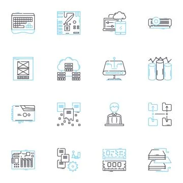 Cyber technology linear icons set. Encryption, Malware, Hacking, Firewall 스톡 일러스트