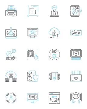 Cyber technology linear icons set. Encryption, Malware, Hacking, Firewall Stock Illustration