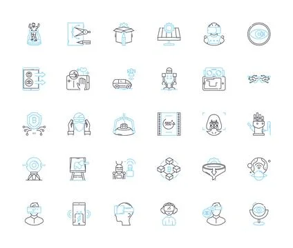 Cyber Technology linear icons set. Encryption, Firewall, Malware, Hacking Stock Illustration