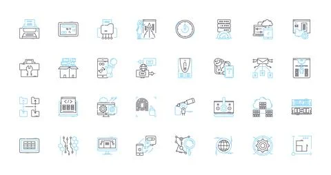 Cyber technology linear icons set. Encryption, Malware, Hacking, Firewall Illustrazione stock