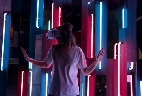 Cyber technology. Virtual game in a helmet. Modern device for entertainment Stock Photos
