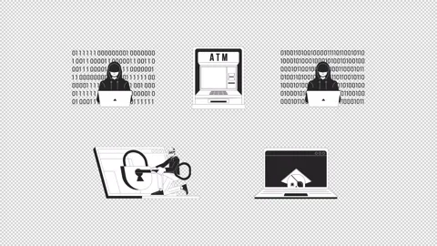 Cyber theft attacks black and white line animation pack Stock Footage 345809260