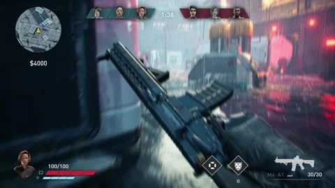 Cyber-themed battleground view with dynamic sprint and HUD flashing alerts. Stock Footage 318292735