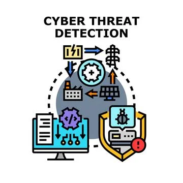 Cyber threat detection system analyzing network security Illustrazione stock